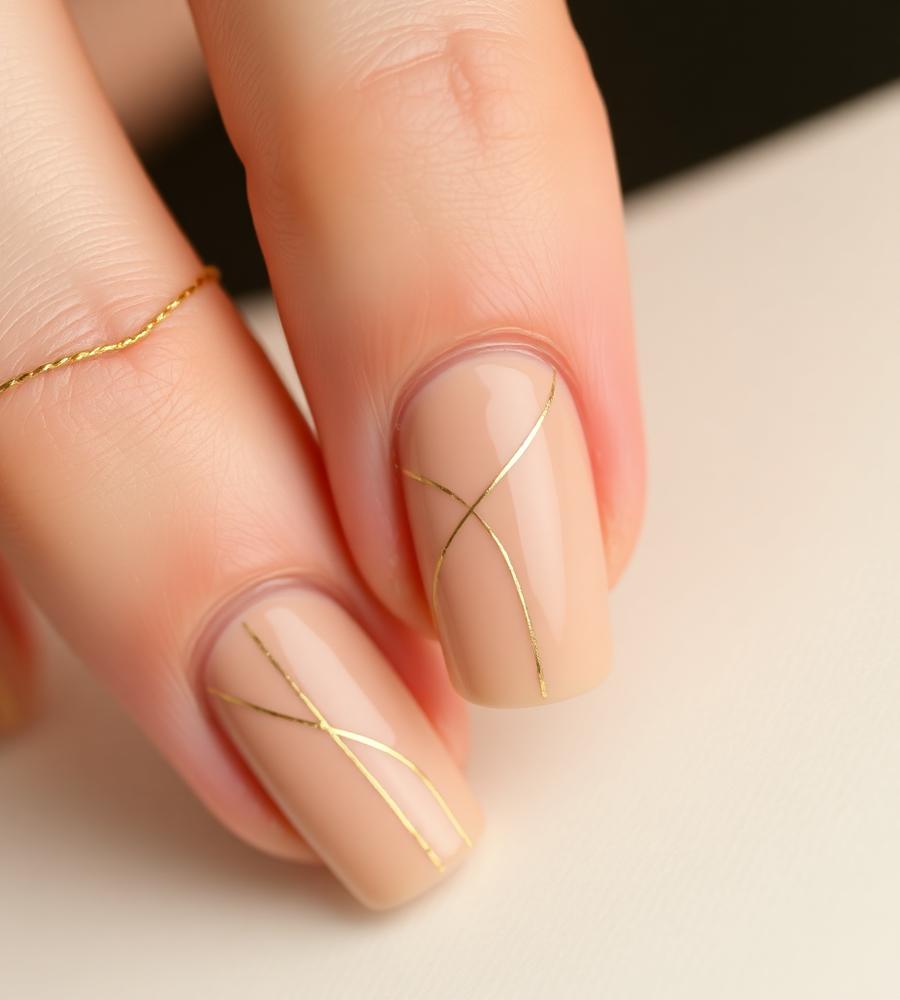 Nude nails with fine gold detail